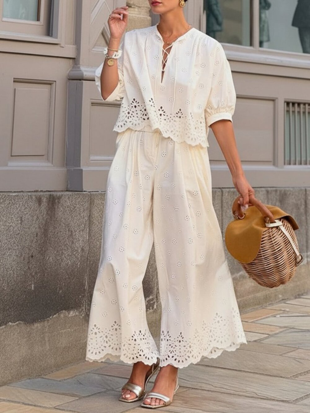 Women's Elegant V-Neck Embroidered Hollow Blouse and Wide-Leg Pants